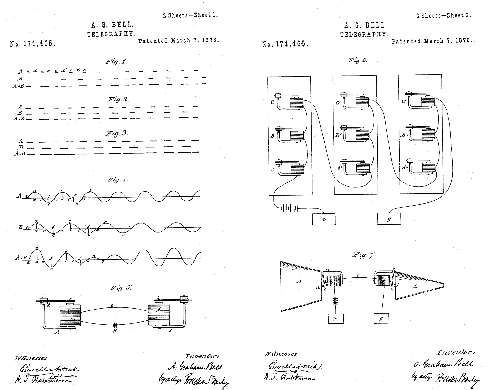 The two sheets of drawings, side by side: Sheet 1, Figs. 1 to 5; Sheet 2, Figs. 6 and 7.