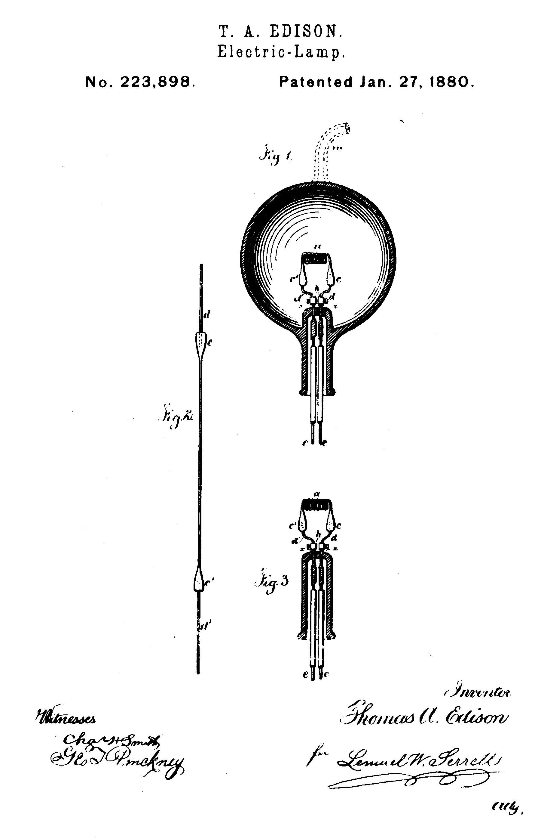 The sheet of drawings: Fig. 1, the lamp in section; Fig. 2, the plastic material before it is wound; Fig. 3, the spiral after carbonization.