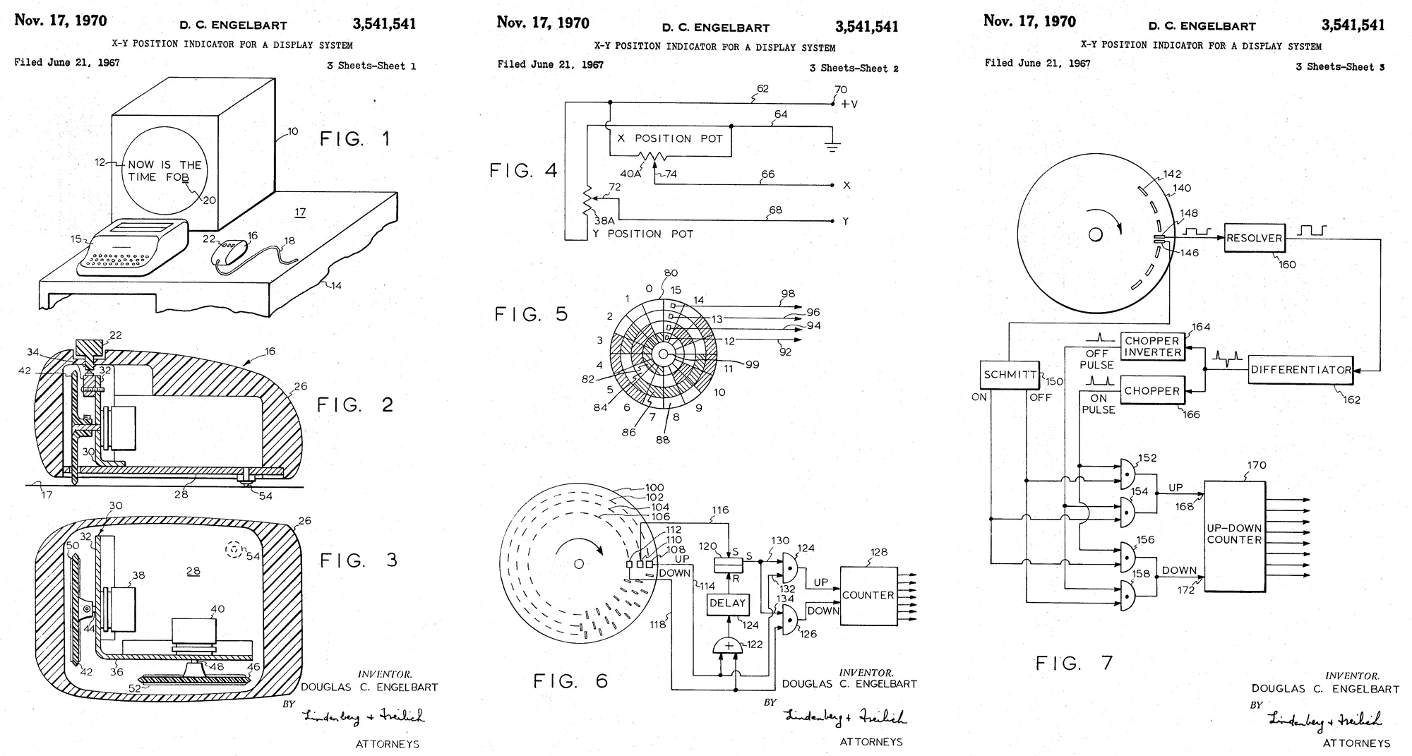 The three sheets of drawings: Fig. 1, the display system with its position indicator control; Figs. 2 and 3, the control in section, with its two perpendicular wheels; Figs. 4 to 7, the circuits that read the rotation of a wheel.