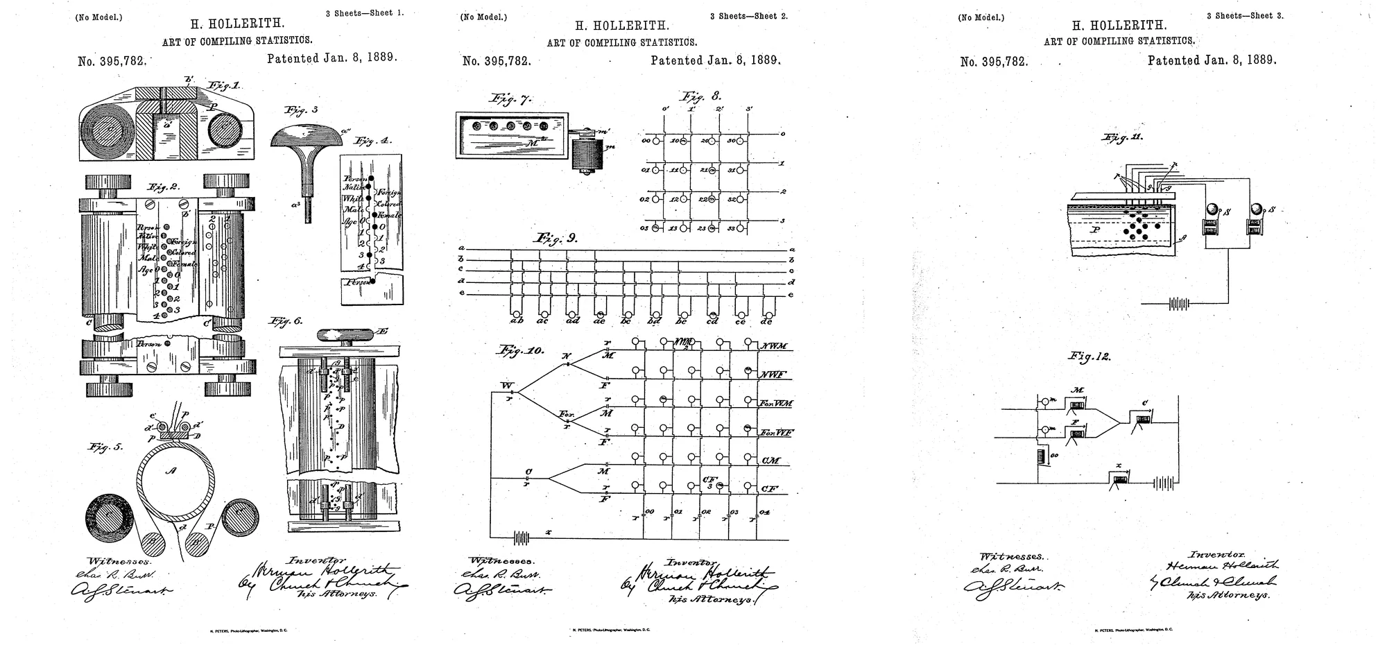 The three sheets of drawings: Figs. 1 to 4, the punching apparatus, its punch and the templet; Figs. 5 and 6, the counting apparatus; Fig. 7, a counter; Figs. 8 to 10, the wiring of the tallies; Figs. 11 and 12, the alarm circuits and part of the circuit connections of Fig. 10.