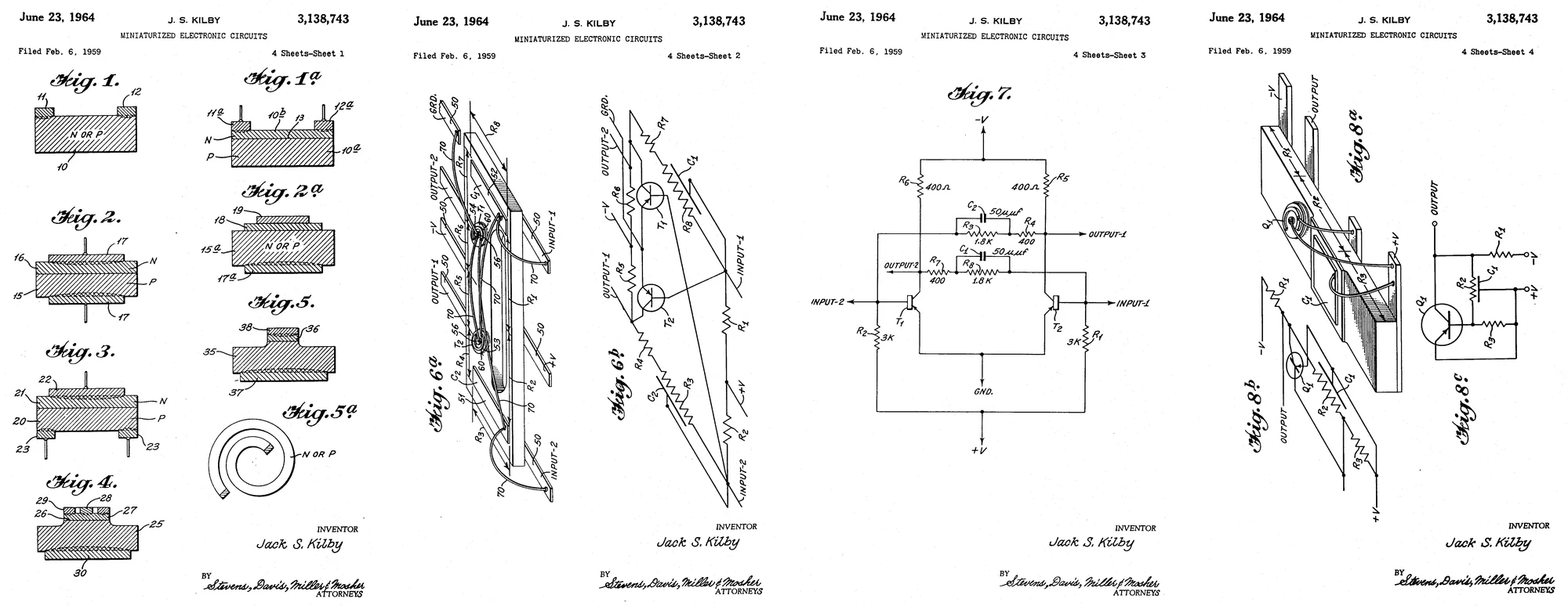 The four sheets of drawings: Figs. 1 to 5a, resistors, capacitors, a distributed R-C network, a transistor, a diode and an inductance shaped in the semiconductor; Figs. 6a, 6b and 7, the multivibrator on one wafer and its circuit; Figs. 8a to 8c, the phase shift oscillator.