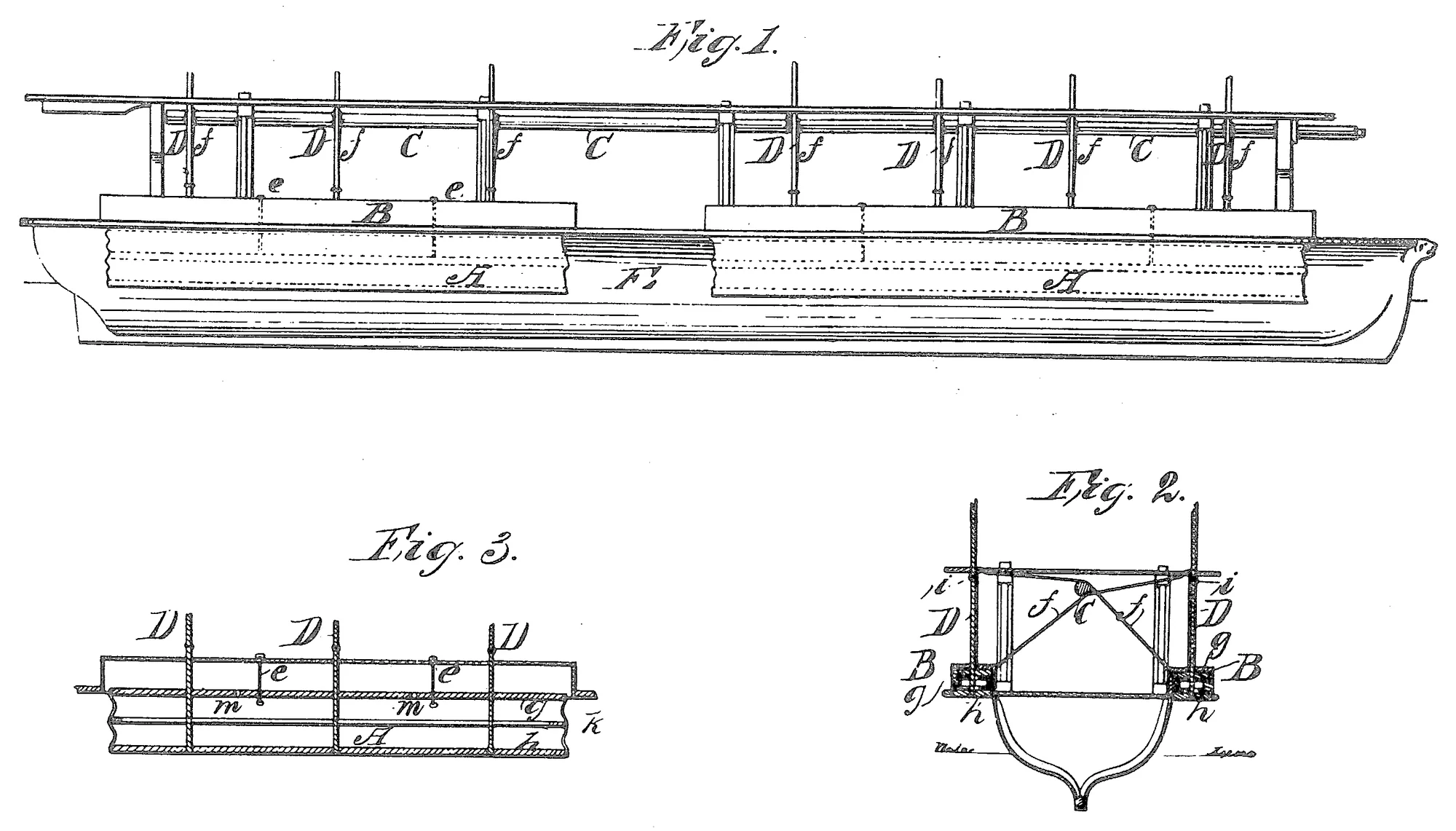 The sheet of drawings, turned a quarter turn: Fig. 1, a side elevation of a vessel with the buoyant chambers expanded; Fig. 2, a transverse section with the chambers contracted; Fig. 3, a longitudinal section through a chamber and its box B.