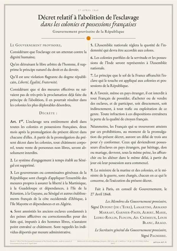 Poster of “Décret relatif à l’abolition de l’esclavage dans les colonies et possessions françaises”: the text in two columns