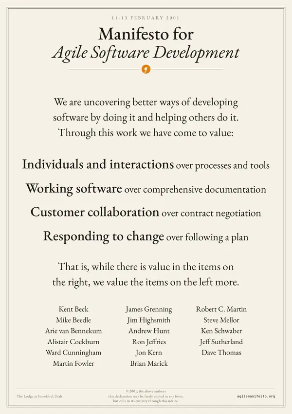 Poster of “Manifesto for Agile Software Development”: the text centered on the page