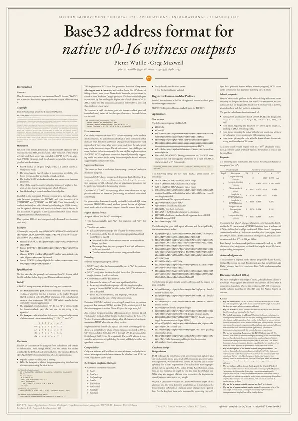 Poster of “BIP 173: Base32 address format for native v0-16 witness outputs”: the text in four columns