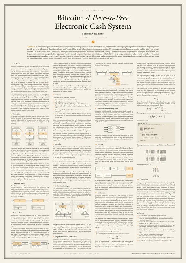 Poster of “Bitcoin: A Peer-to-Peer Electronic Cash System”: the text in four columns