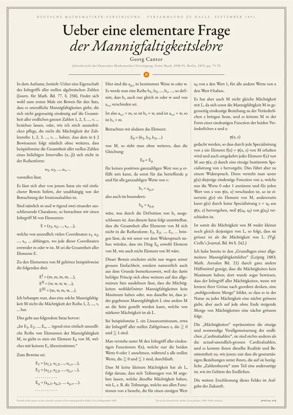 Poster of “Ueber eine elementare Frage der Mannigfaltigkeitslehre”: the text in three columns