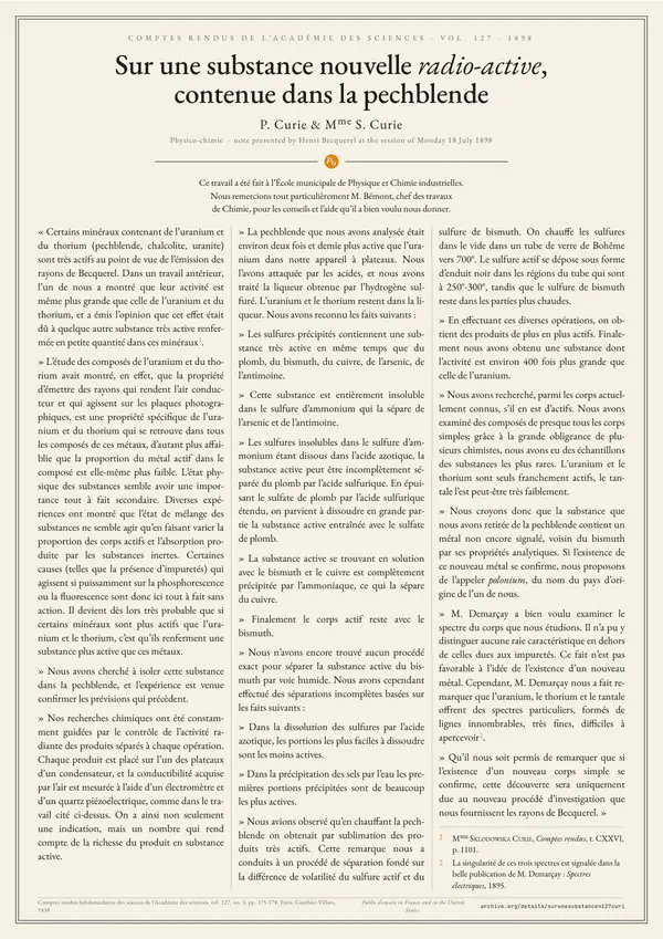 Poster of “Sur une substance nouvelle radio-active, contenue dans la pechblende”: the text in three columns