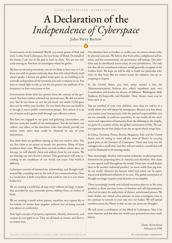 Poster of “A Declaration of the Independence of Cyberspace”: the text in two columns