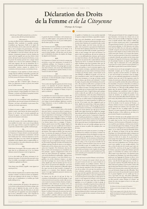 Poster of “Déclaration des droits de la femme et de la citoyenne”: the text in four columns