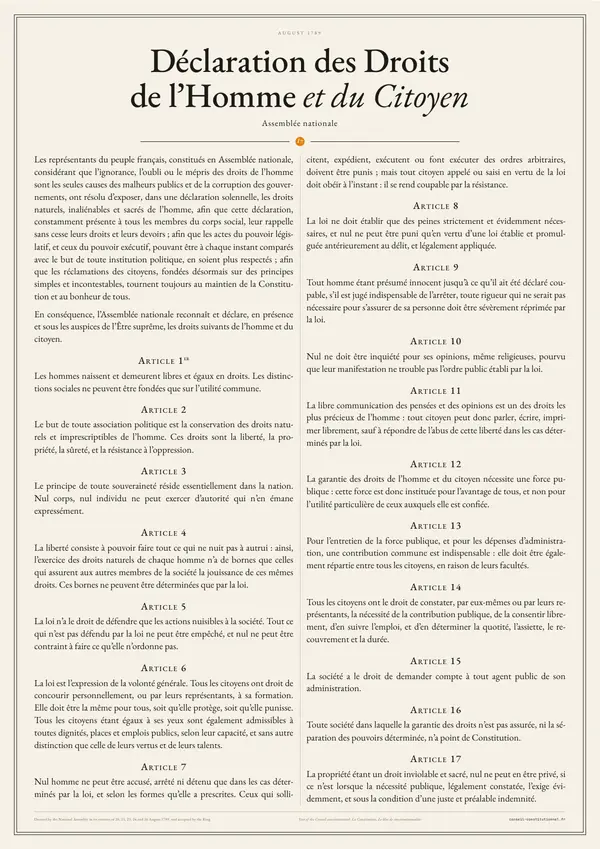 Poster of “Déclaration des Droits de l’Homme et du Citoyen de 1789”: the text in two columns