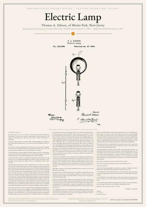 Poster of “Thomas A. Edison: Electric-Lamp, US Patent 223,898”: a large image at the top, the text in three columns below