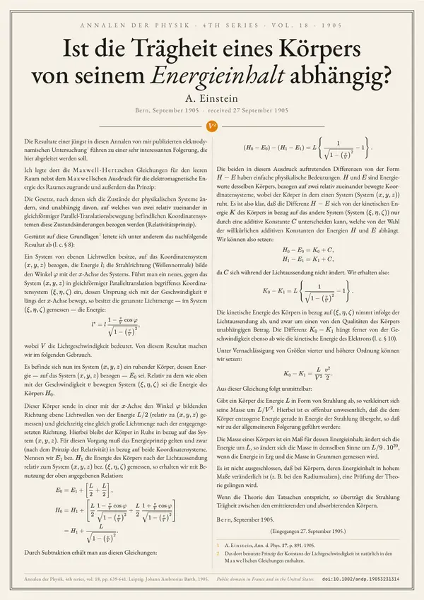 Poster of “Ist die Trägheit eines Körpers von seinem Energieinhalt abhängig?”: the text in two columns