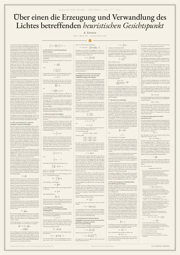 Poster of “Über einen die Erzeugung und Verwandlung des Lichtes betreffenden heuristischen Gesichtspunkt”: the text in five columns