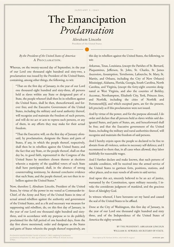 Poster of “The Emancipation Proclamation”: the text in two columns