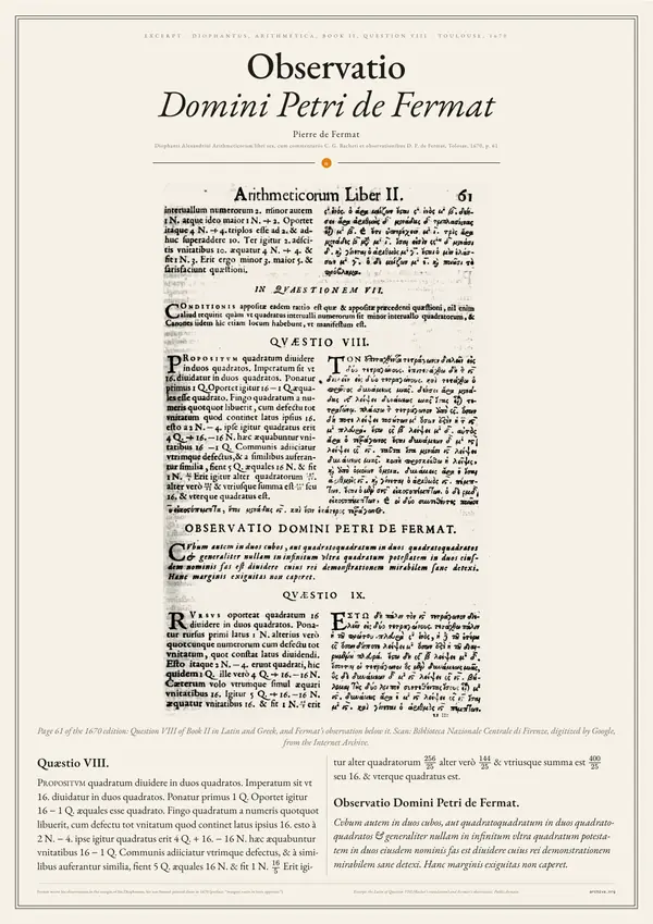 Poster of “Observatio Domini Petri de Fermat”: a large image at the top, the text in two columns below