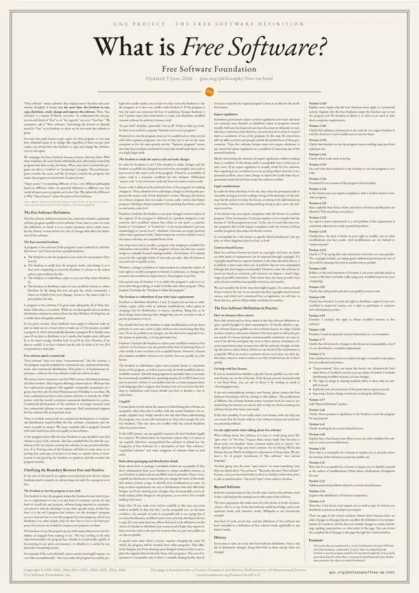 Poster of “What is Free Software? The Free Software Definition”: the text in four columns
