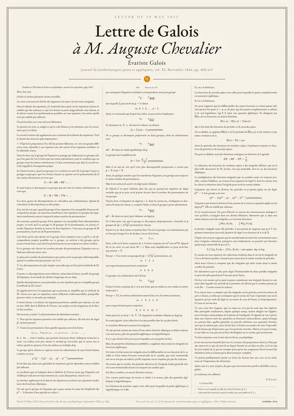 Poster of “Lettre de Galois à M. Auguste Chevalier”: the text in three columns