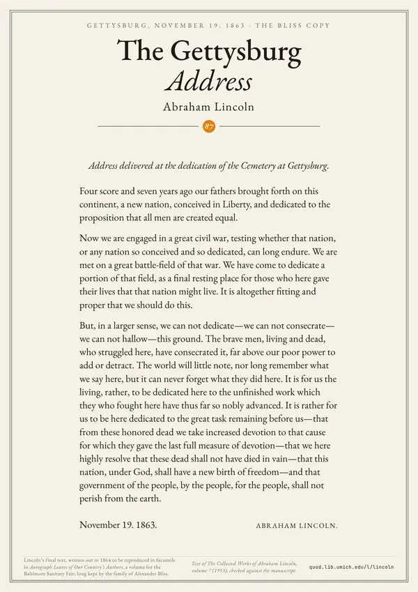 Poster of “The Gettysburg Address”: the text centered on the page