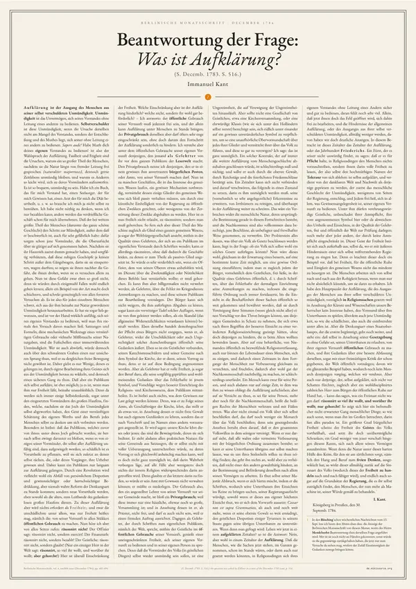 Poster of “Beantwortung der Frage: Was ist Aufklärung?”: the text in four columns