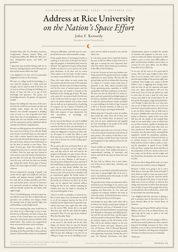 Poster of “Address at Rice University on the Nation’s Space Effort”: the text in four columns