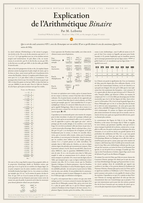 Poster of “Leibniz: Explication de l’arithmétique binaire”: the text in three columns