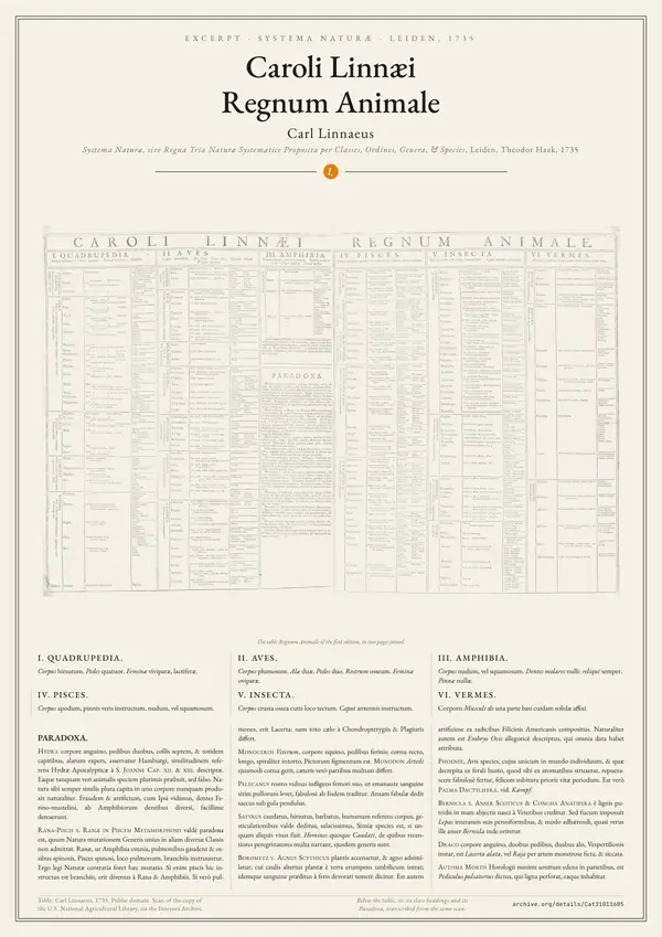 Poster of “Caroli Linnæi Regnum Animale”: a large image at the top, the text in three columns below