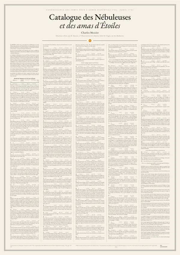 Poster of “Catalogue des Nébuleuses et des amas d’Étoiles”: the text in five columns