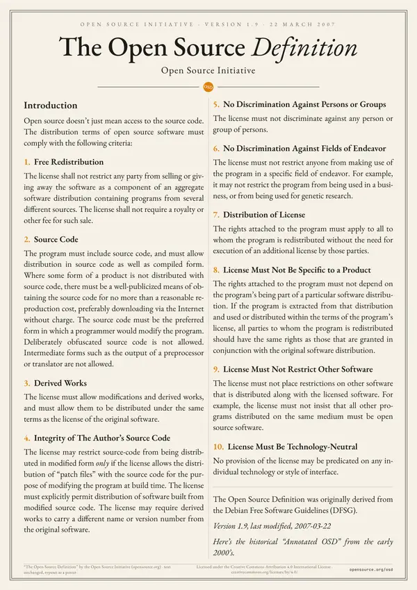 Poster of “The Open Source Definition”: the text in two columns