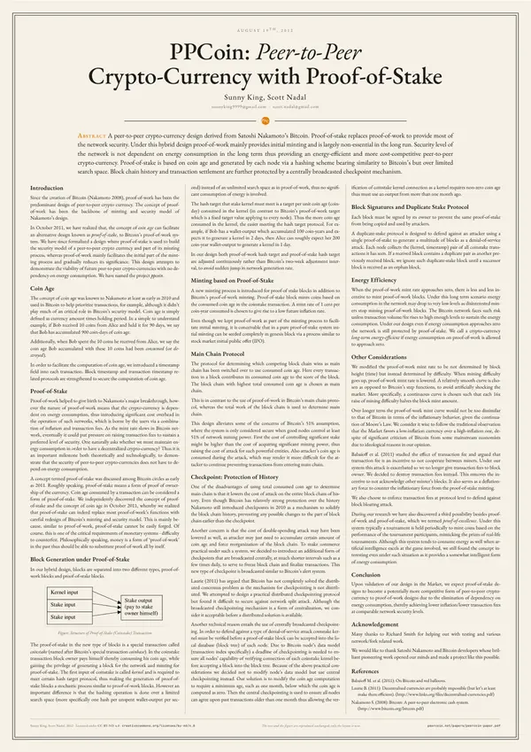 Poster of “PPCoin: Peer-to-Peer Crypto-Currency with Proof-of-Stake”: the text in three columns