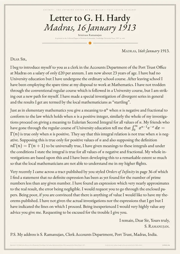 Poster of “Letter to G. H. Hardy, 16 January 1913”: the text centered on the page