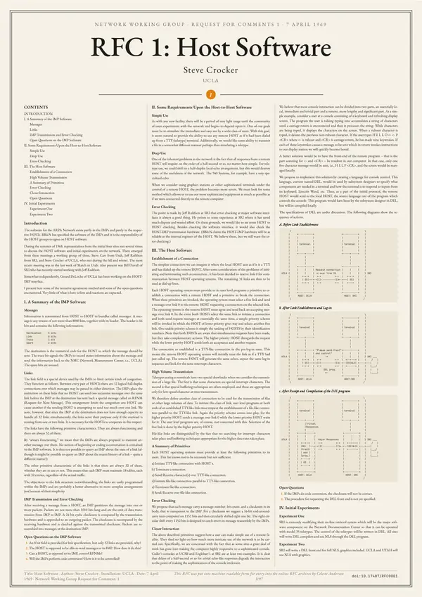 Poster of “RFC 1: Host Software”: the text in three columns