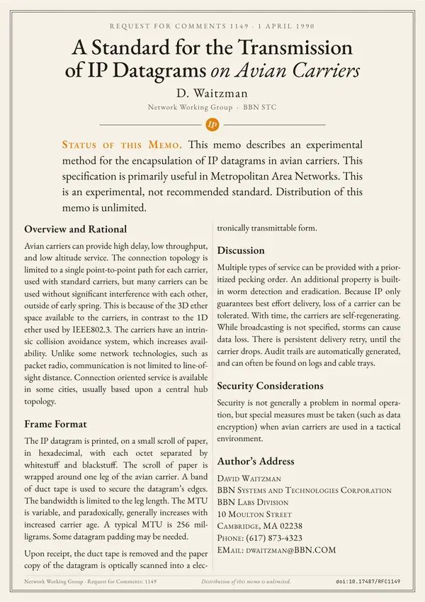 Poster of “RFC 1149: A Standard for the Transmission of IP Datagrams on Avian Carriers”: the text in two columns