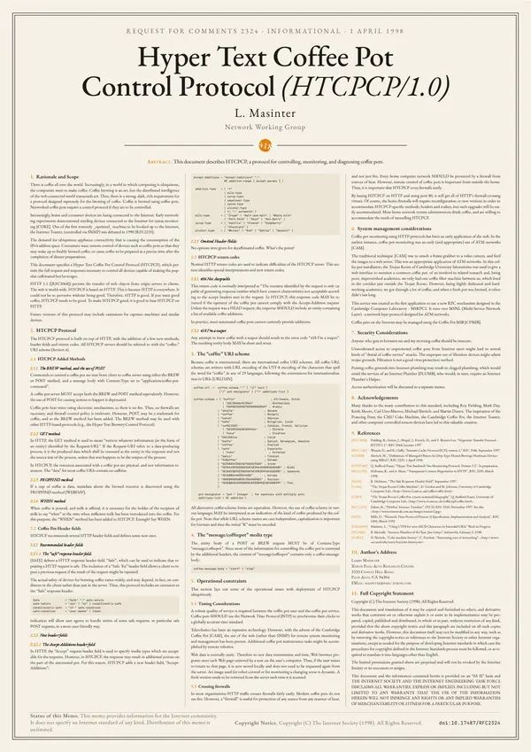Poster of “RFC 2324: Hyper Text Coffee Pot Control Protocol (HTCPCP/1.0)”: the text in three columns