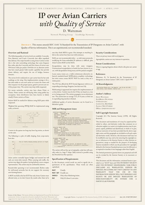 Poster of “RFC 2549: IP over Avian Carriers with Quality of Service”: the text in three columns