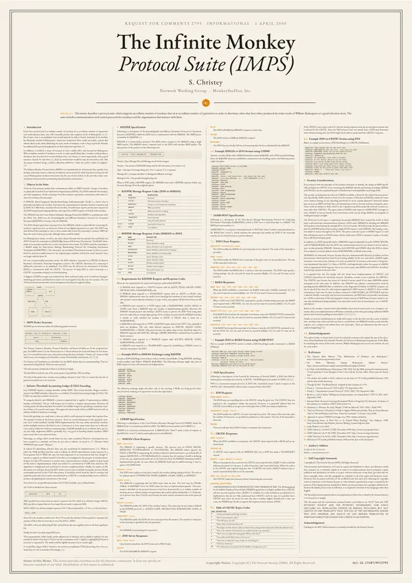 Poster of “RFC 2795: The Infinite Monkey Protocol Suite (IMPS)”: the text in four columns