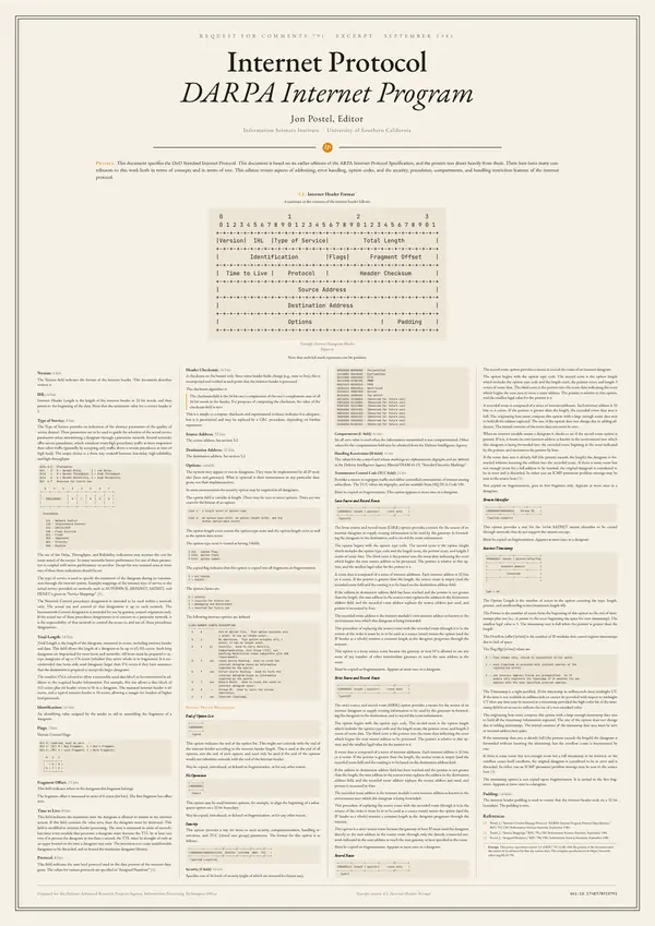 Poster of “RFC 791: Internet Protocol”: the text in four columns