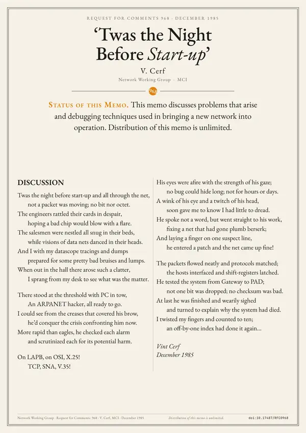 Poster of “RFC 968: ‘Twas the Night Before Start-up”: the text in two columns