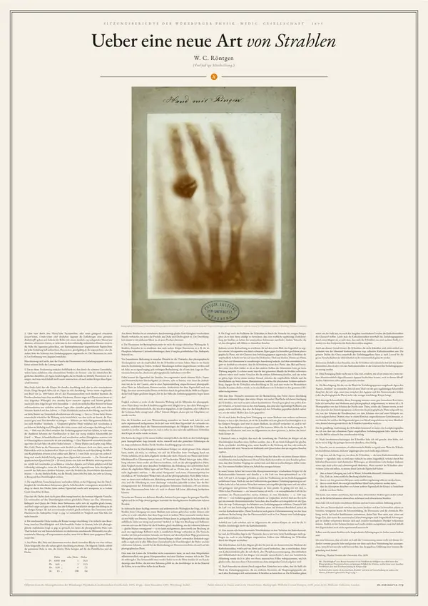 Poster of “Ueber eine neue Art von Strahlen”: a large image at the top, the text in four columns below