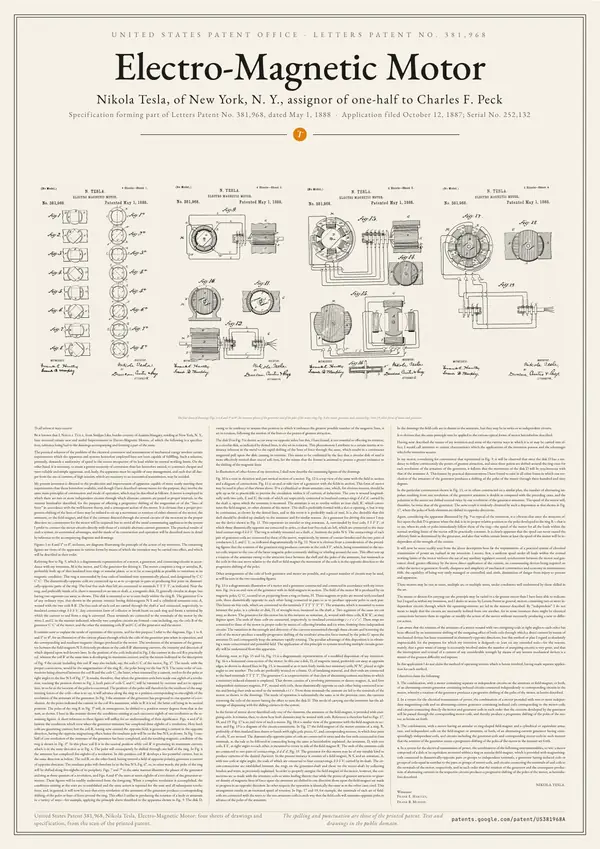 Poster of “Nikola Tesla: Electro-Magnetic Motor, US Patent 381,968”: a large image at the top, the text in three columns below