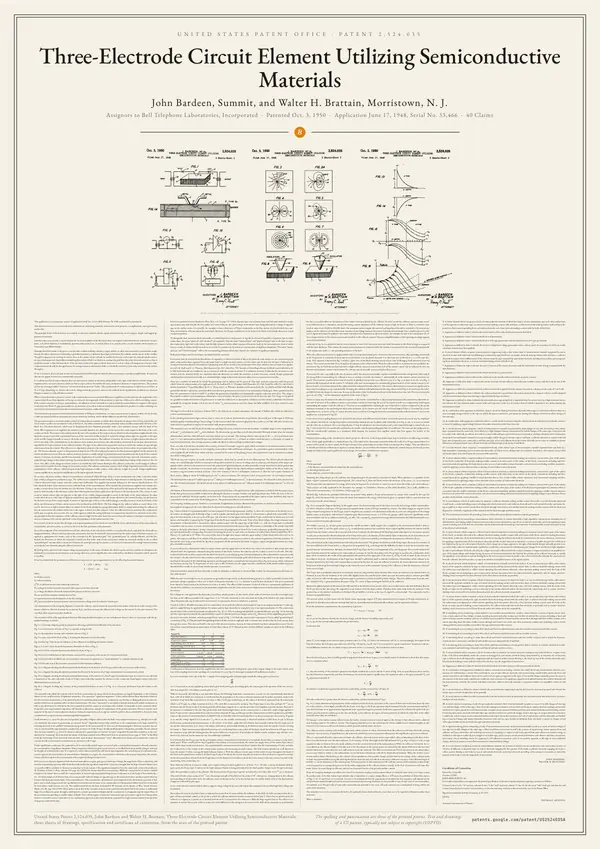 Poster of “John Bardeen and Walter H. Brattain: Three-Electrode Circuit Element Utilizing Semiconductive Materials, US Patent 2,524,035”: a large image at the top, the text in four columns below