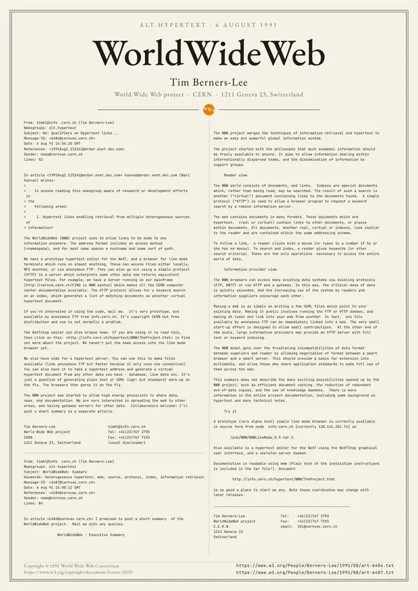 Poster of “WorldWideWeb: the announcement on alt.hypertext”: the text in two columns