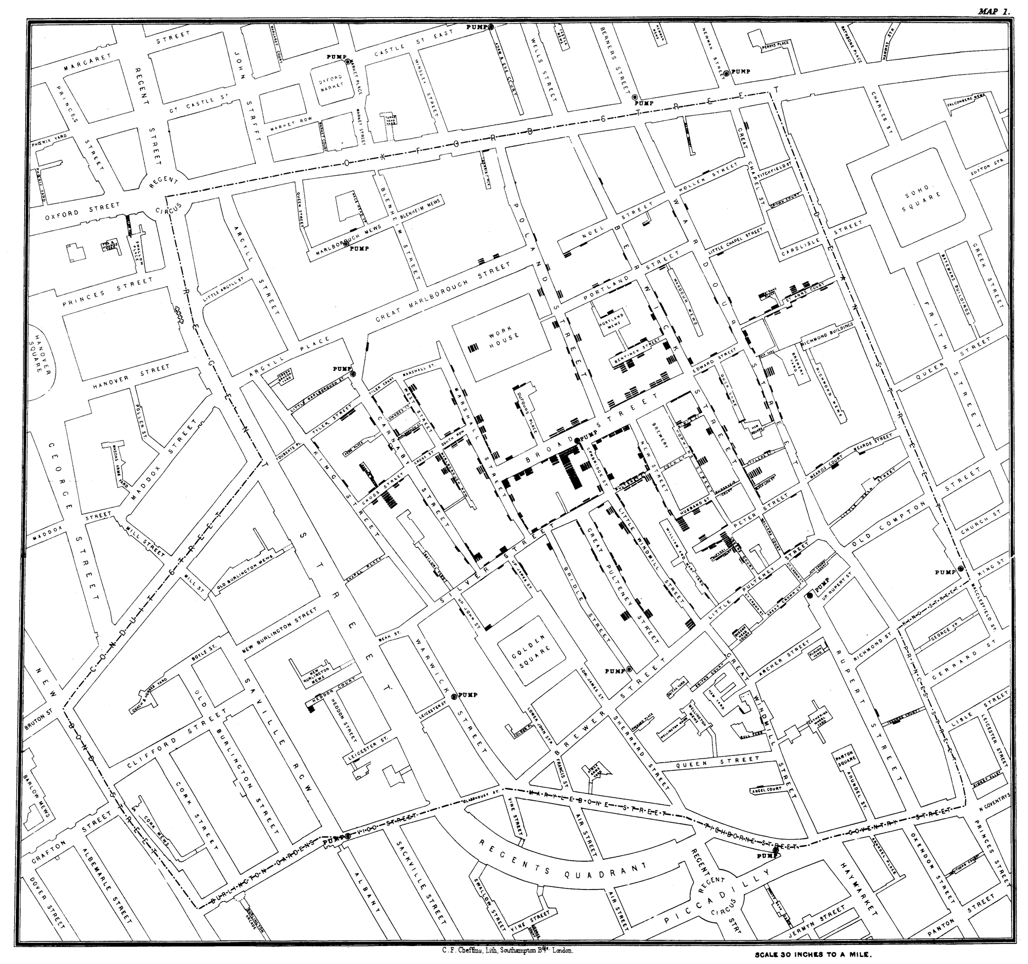 John Snow’s map of the deaths from cholera around Broad Street, Soho, in 1854. Lithograph by C. F. Cheffins.