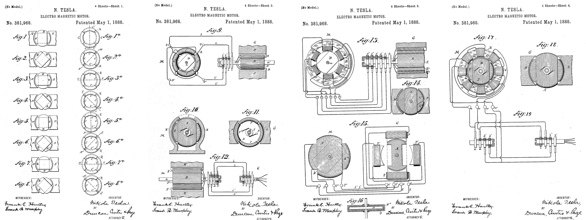 The four sheets of drawings: Figs. 1 to 8 and 1a to 8a, the successive phases of the generator and of the poles of the motor ring; Fig. 9, the motor, generator and circuits; Figs. 10 to 19, other forms of motor and generator.