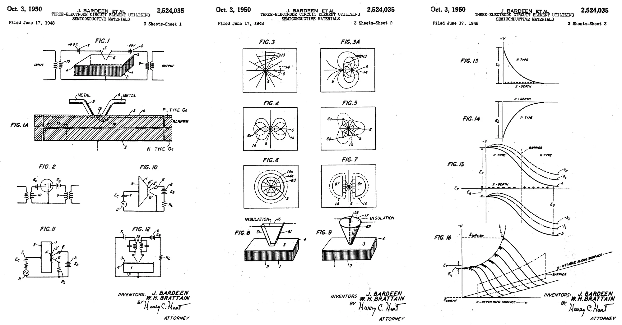 The three sheets of drawings: Fig. 1, the germanium block with its emitter, collector and base electrodes in an amplifier circuit; Figs. 2 to 12, the equivalent triode, the paths of the current, other electrode forms and circuits; Figs. 13 to 16, the potential distributions in the semiconductor.