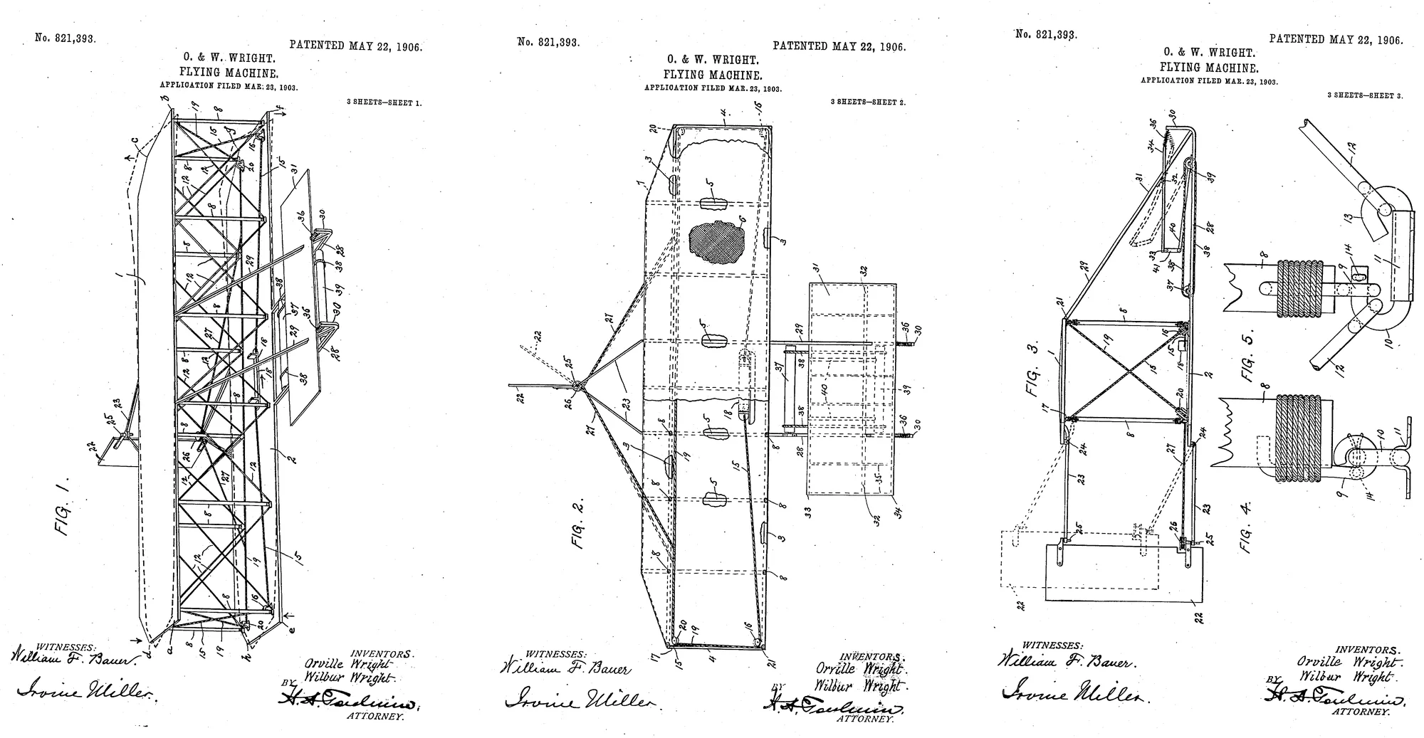 The three sheets of drawings, side by side. Sheet 1: Fig. 1, perspective view. Sheet 2: Fig. 2, plan view, partly in section and partly broken away. Sheet 3: Fig. 3, side elevation; Figs. 4 and 5, a flexible joint of a standard.